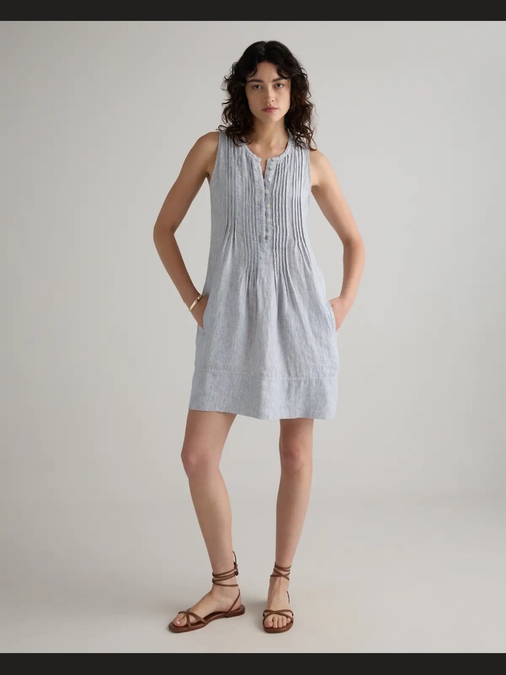Quince Light Blue Sleeveless Pintuck Linen Shift Dress